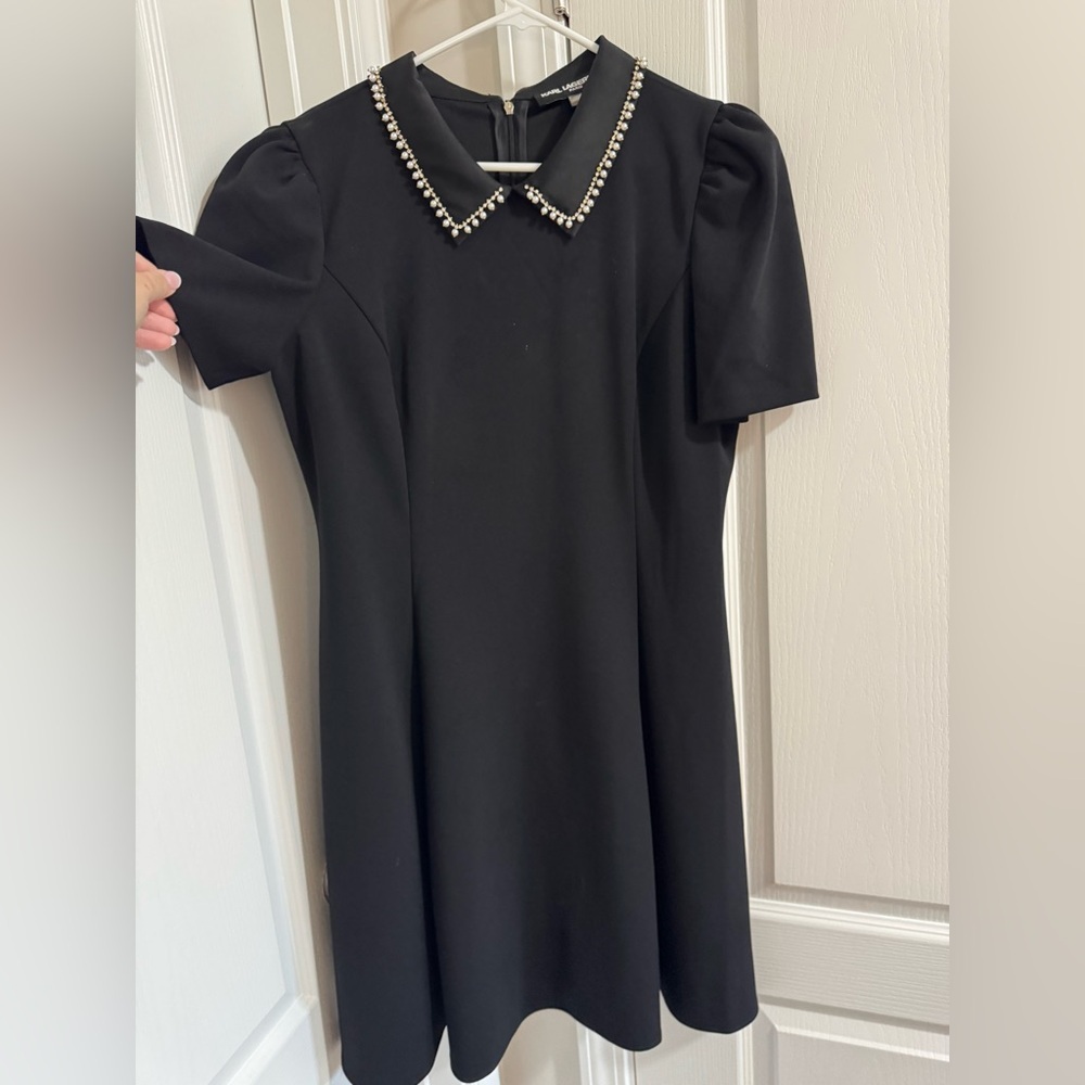 Karl Lagerfeld Black Mini Dress with Embellished Collar